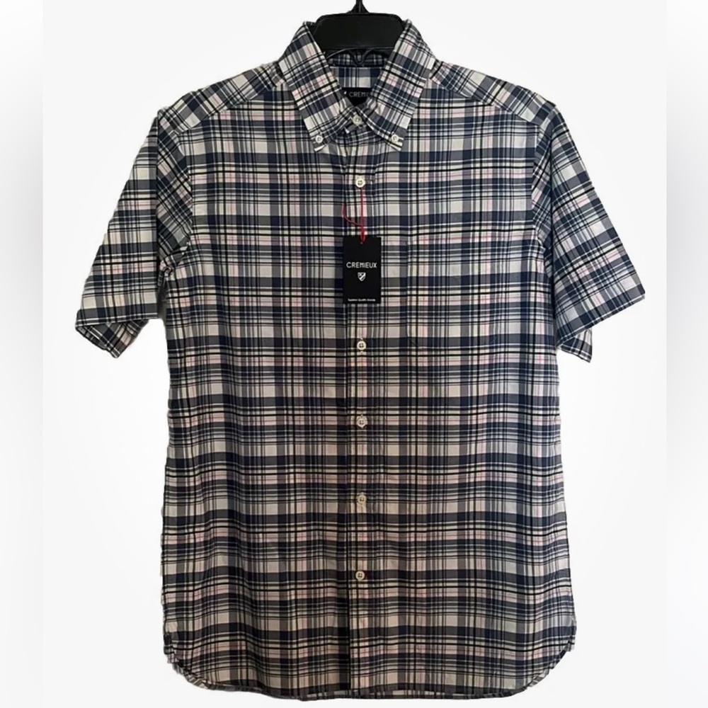 NWT Men’s S Cremieux Blue White Multi Color Plaid Short Sleeve Button Down w Pkt